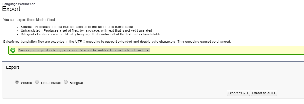 Salesforce Translation Workbench: Message after exportation.