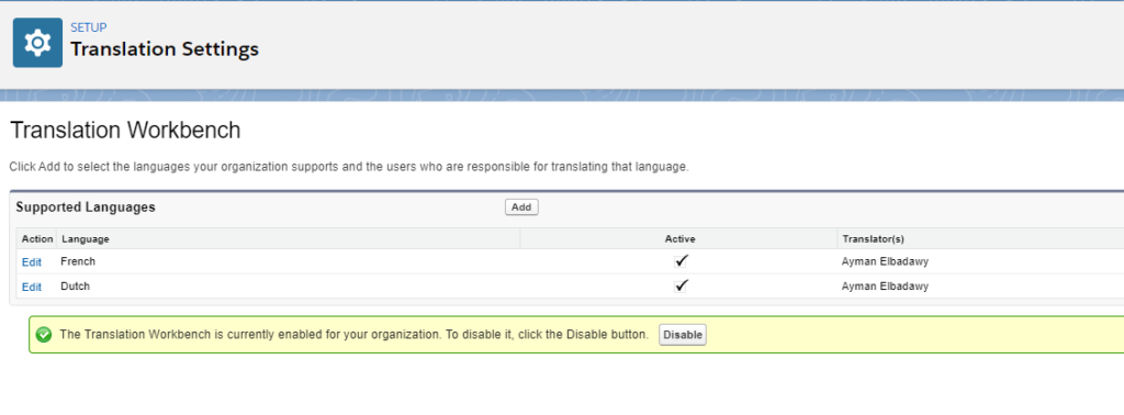 Salesforce Localization: Translation workbench settings done.